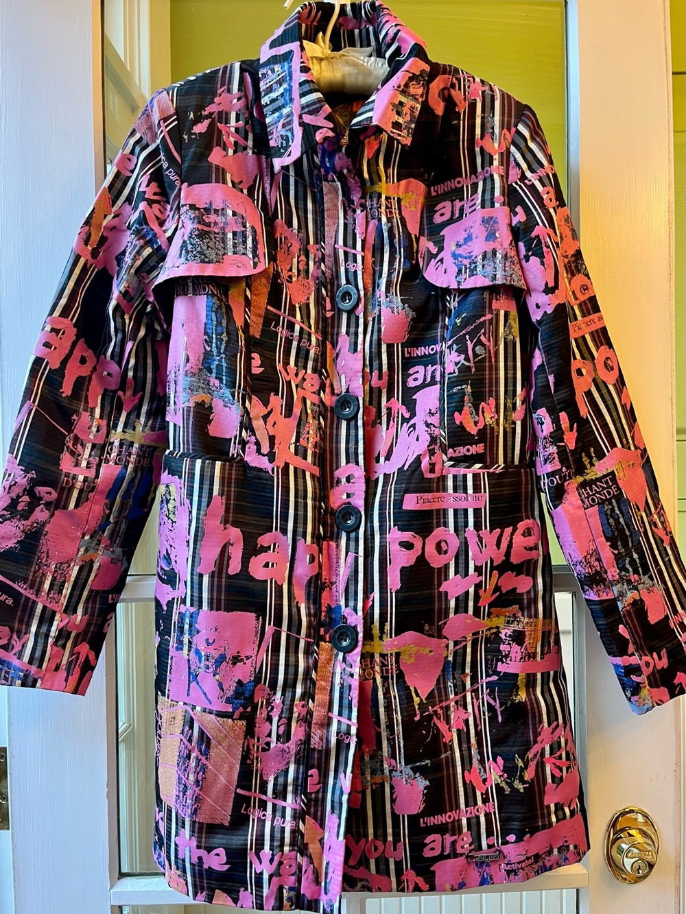 Desigual Pink & Black Graphic Trench Coat English & Italian Painted Text Details